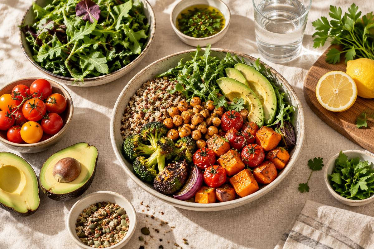 Whole-food spread with greens, avocado, tomatoes, grain bowl, lemon, herbs, and water